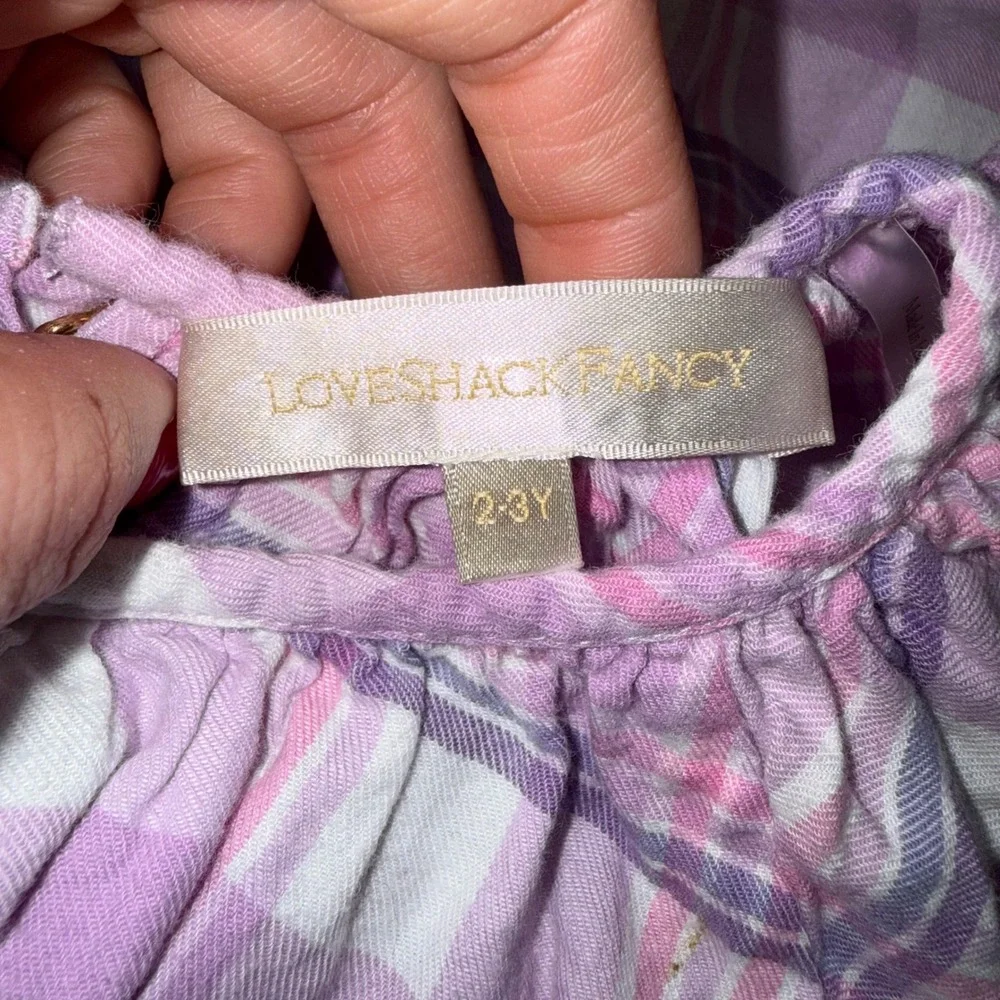 LoveShackFancy‎ Plaid Dress Kids 2-3Y Purple Excellent Flutter Sleeve Cotton